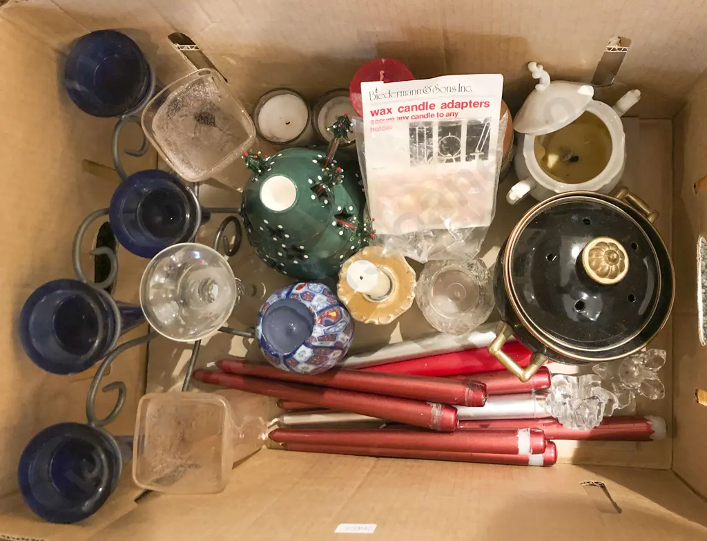 Box of Assorted Candles and Candle Holders Etc. Image 1++