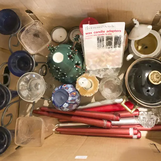 Box of Assorted Candles and Candle Holders Etc.