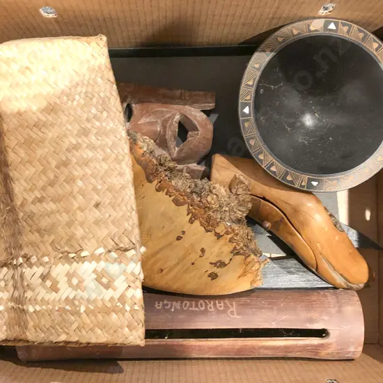 Box of Assorted Woodware and Tribal Items