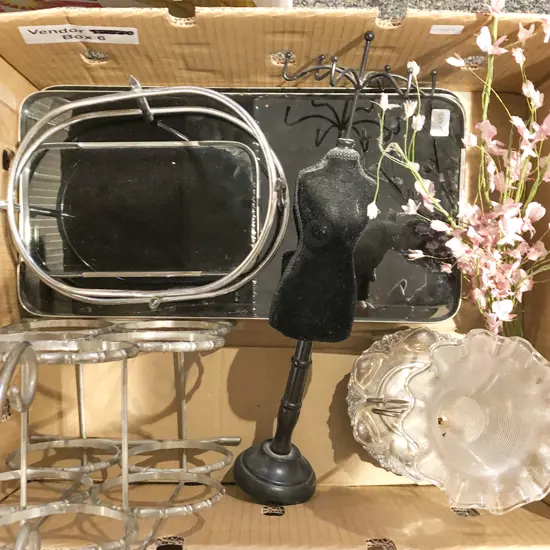 Box of Assorted Metal Ware Incl. Three Art Deco Smoked Glass Trays