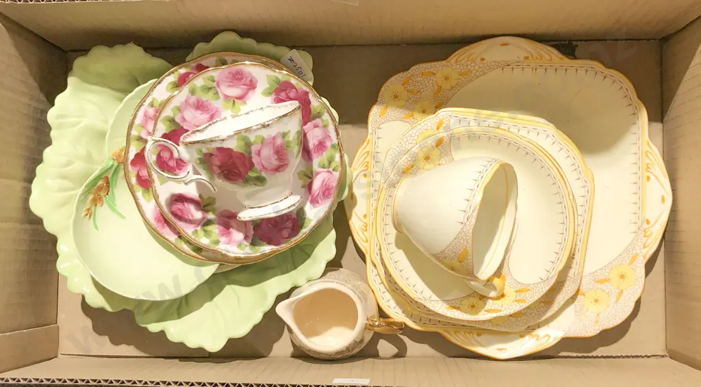 Box of Assorted Fancy China Incl. Royal Albert and Carltonware Image 1++