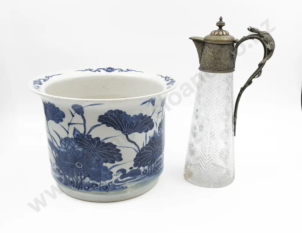 Blue and White Planter Together with S/P Topped Wine Ewer (Damage to base) Image 1++