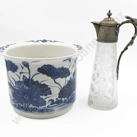 Blue and White Planter Together with S/P Topped Wine Ewer (Damage to base)