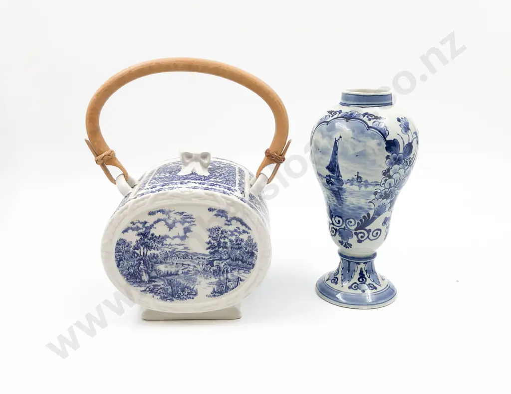 Delft Vase Together with Blue and White Biscuit Barrell Image 1++