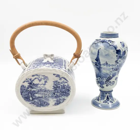 Delft Vase Together with Blue and White Biscuit Barrell