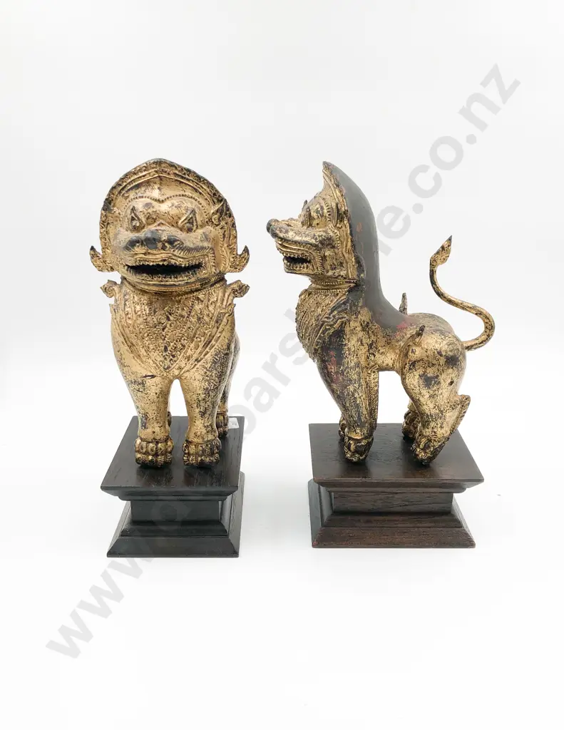 Pair of Gilt Painted Wrought Metal Temple Dogs on Stands Image 1++