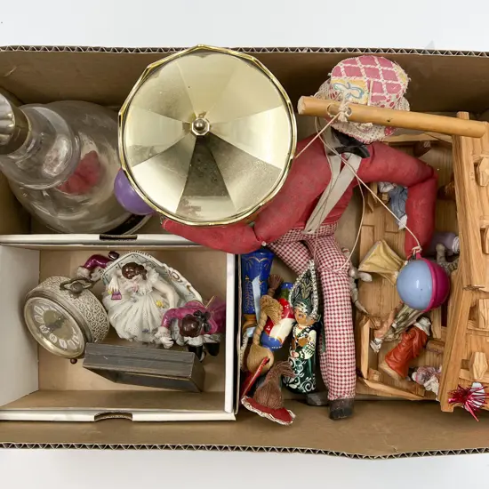 Box of Assorted including Musical Decanter and Nativity Scene