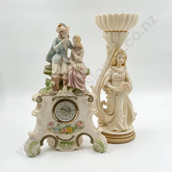 Figural Clock Together with Figural Candle Holder