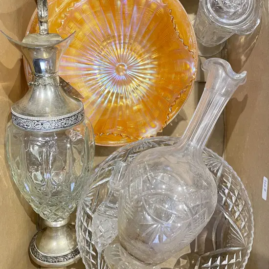 Box of Assorted Crystal and Glassware including Carnival Glass