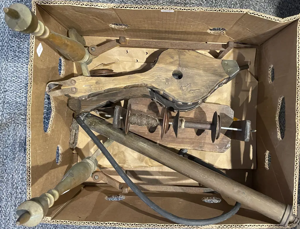 Box of Assorted Vintage Metalware including Fire Dogs and Bellows Image 1++
