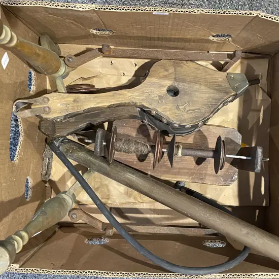 Box of Assorted Vintage Metalware including Fire Dogs and Bellows