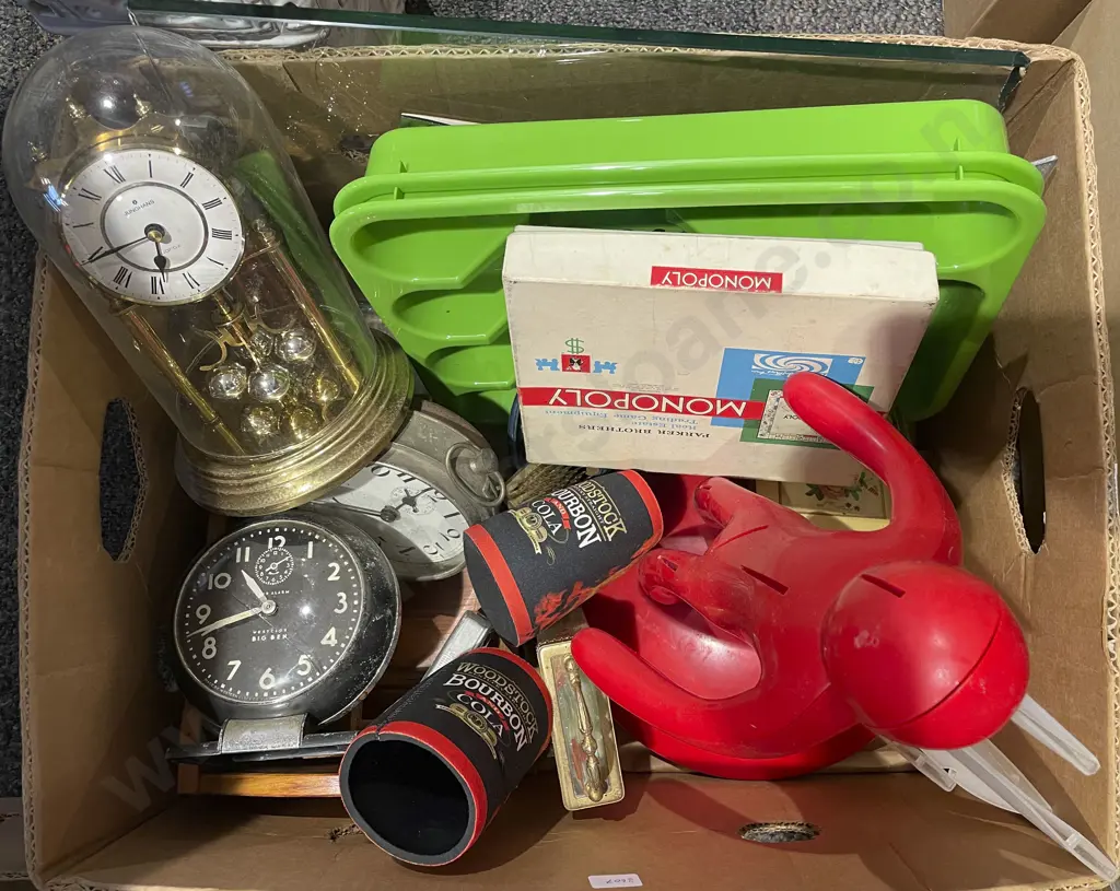 Box of Assorted Including Dome Cased Clock and Assorted Kitchenware Image 1++