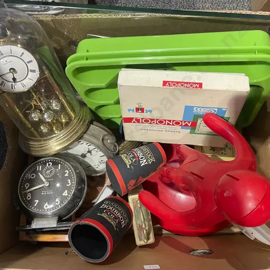 Box of Assorted Including Dome Cased Clock and Assorted Kitchenware