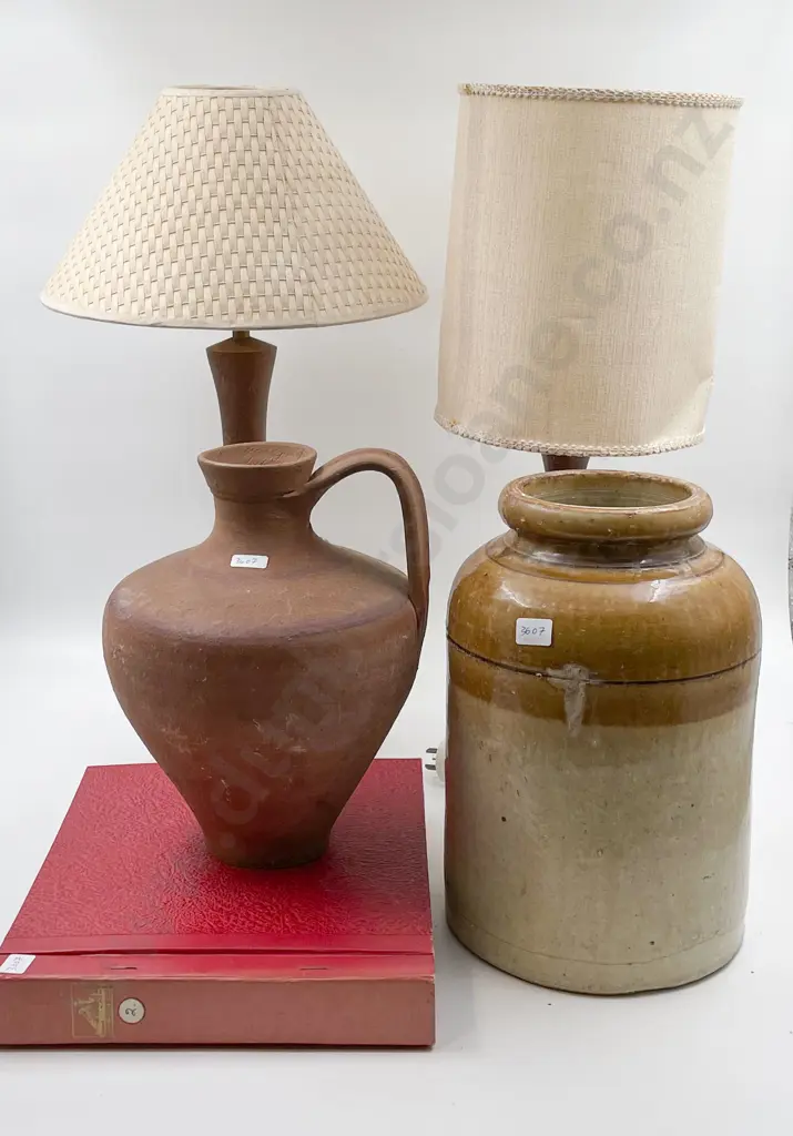 Box of Assorted Including Lamps and Stoneware Crock Image 1++