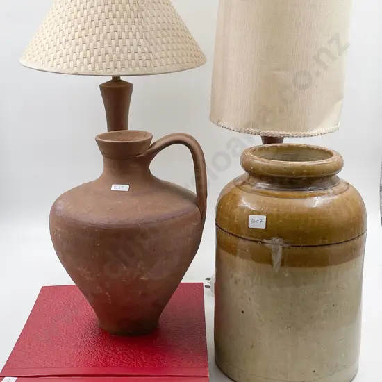 Box of Assorted Including Lamps and Stoneware Crock