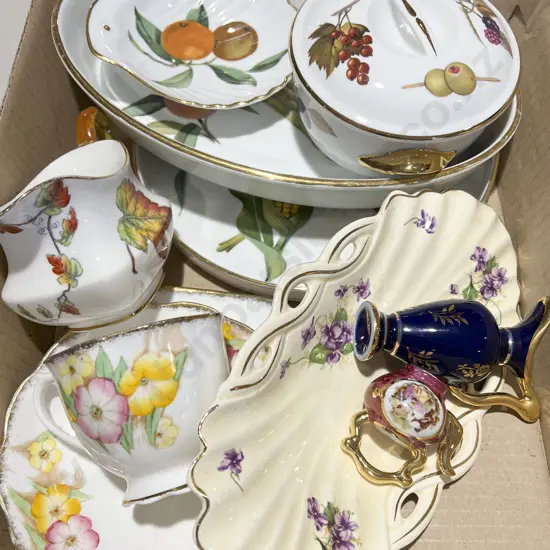 Box of Assorted Fancy China Including Royal Worcester Evesham
