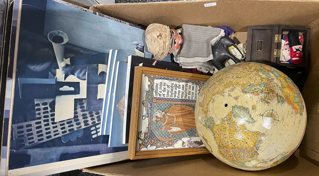 Box of Assorted Including Puppets and Prints on Board Image 1++