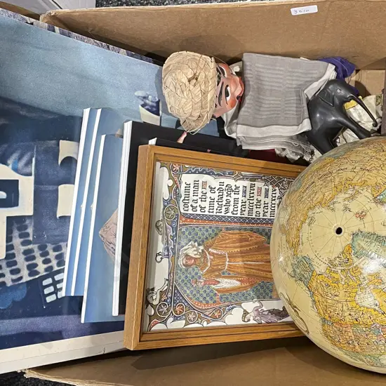 Box of Assorted Including Puppets and Prints on Board