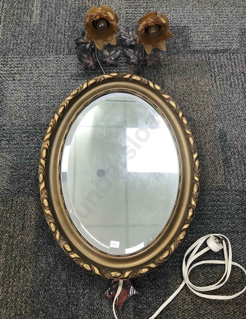 Art Nuevo Style Wall Hanging Lamp with Central Oval Gilt Framed Mirror Image 1++