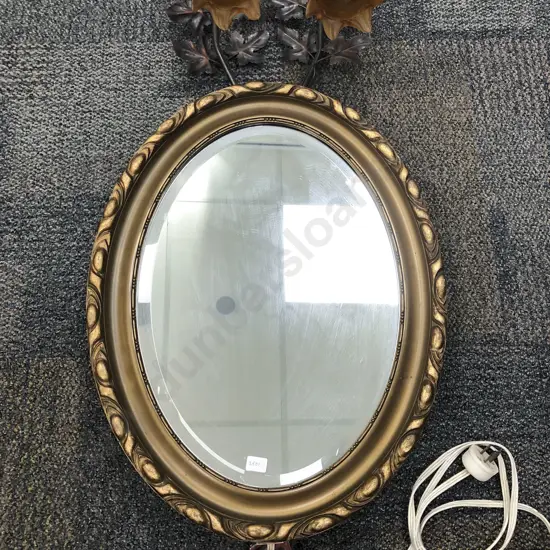 Art Nuevo Style Wall Hanging Lamp with Central Oval Gilt Framed Mirror