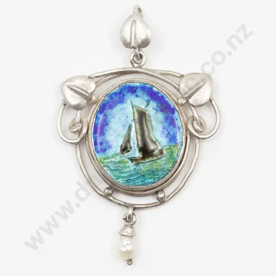 NZ Silver Reuben Watts (1869 - 1940) Auckland Enamel Art Nouveau Pendant