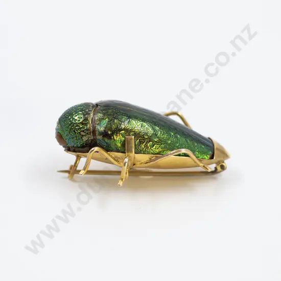 Edwardian 9ct Mounted Iridescent Green June Bug Brooch