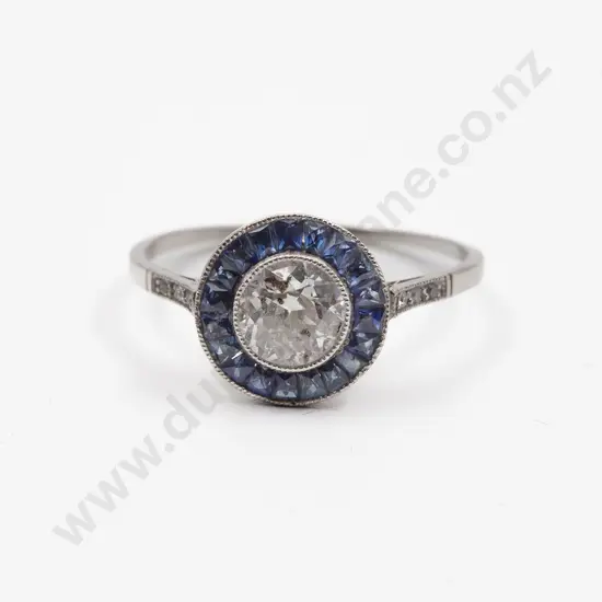 Art Deco All Platinum 26stone Diamond and Sapphire Cluster Ring