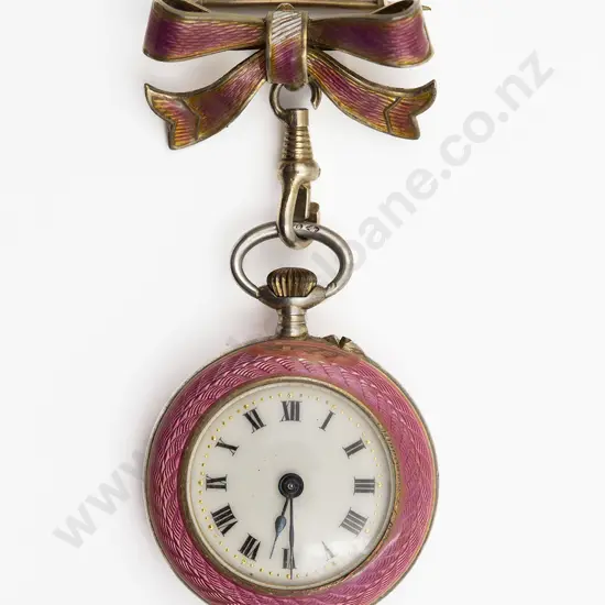 Silver and Pink Translucent Guilloche Enamel Lever Wind Fob Watch