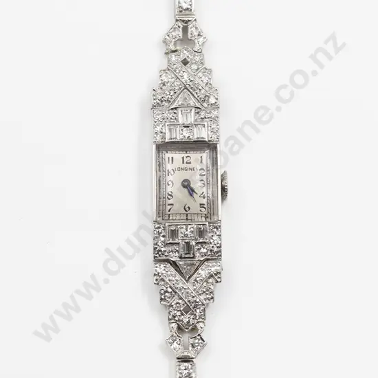 Art Deco Longines All Platinum and Diamond Manual Ladies Dress Wrist Watch