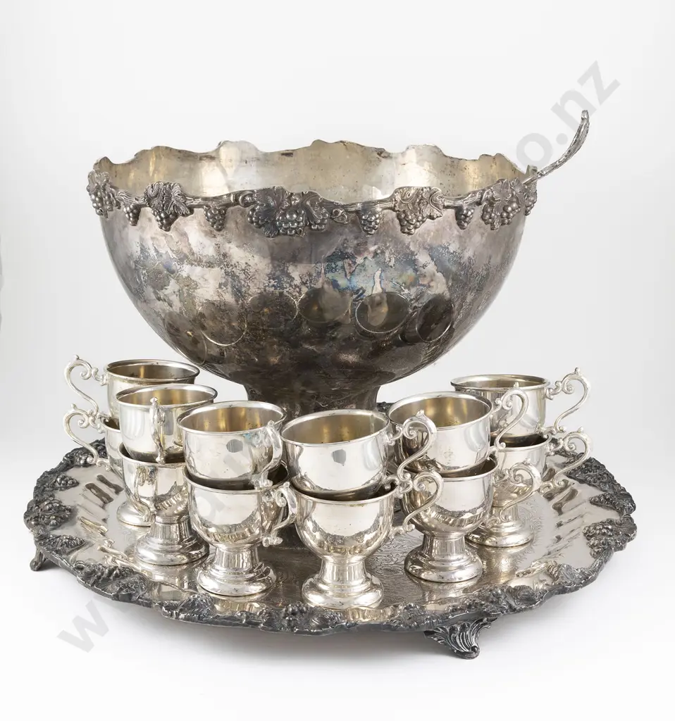 Large S/P Punch Bowl With 12 Cups Ladle & Matching Circular Drinks Tray Image 1++