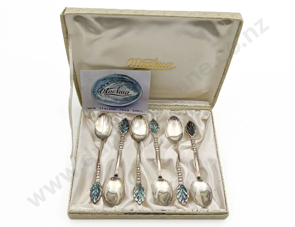 Boxed Set Of 6 NZ Ataahua S/S & Paua Shell Coffee Spoons Image 1++