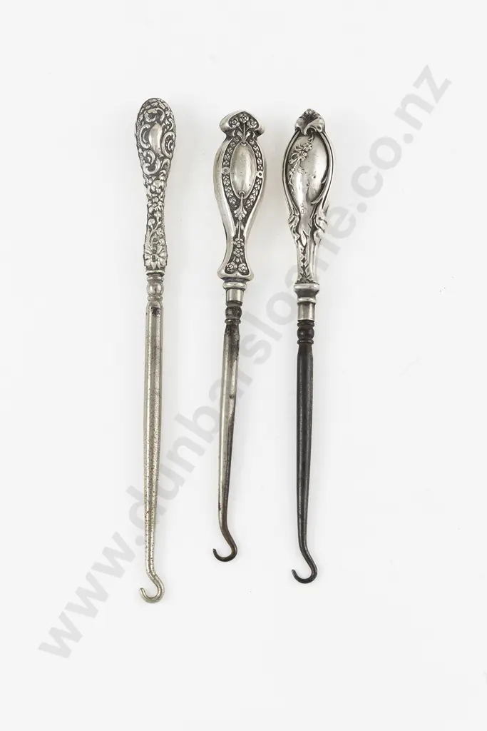 3 Antique S/S Handled Button Hooks Image 1++