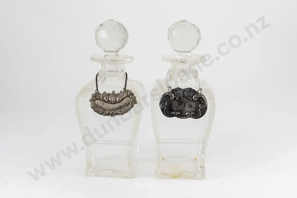Pair Late Vict Cut Glass Decanters & Stoppers With Gin & Sherry Labels Image 1++