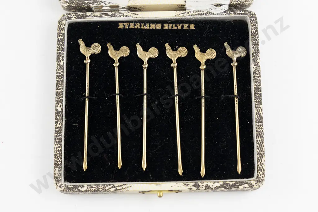 Cased Set Of 6 S/S Gilt Cockerel Top Cocktail Sticks Image 1++