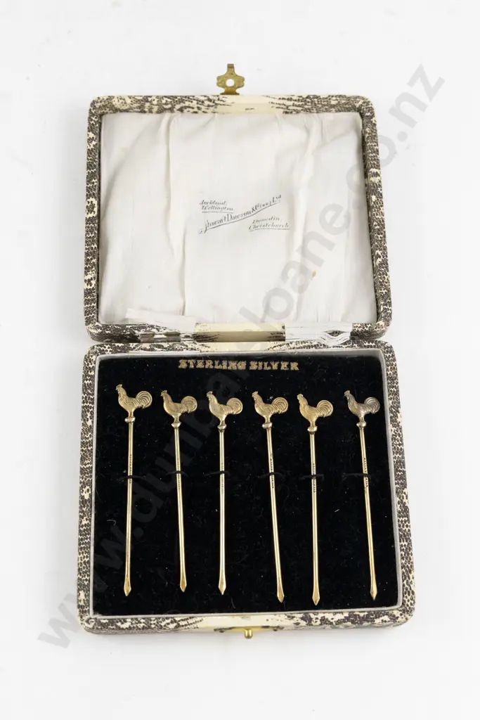 Cased Set Of 6 S/S Gilt Cockerel Top Cocktail Sticks Image 1++