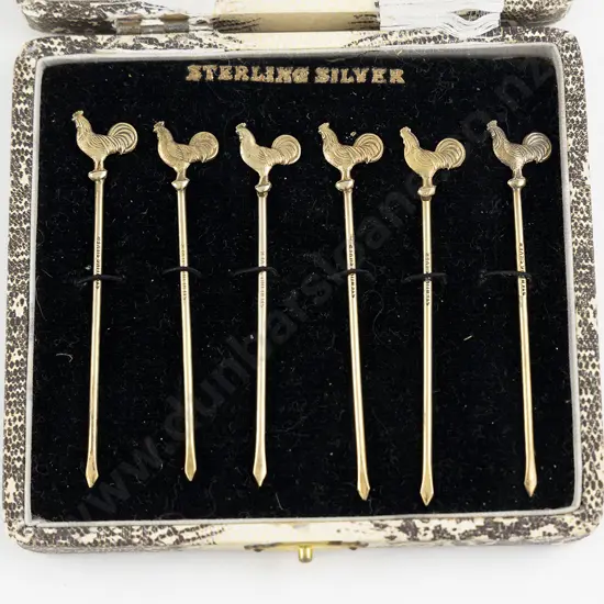 Cased Set Of 6 S/S Gilt Cockerel Top Cocktail Sticks