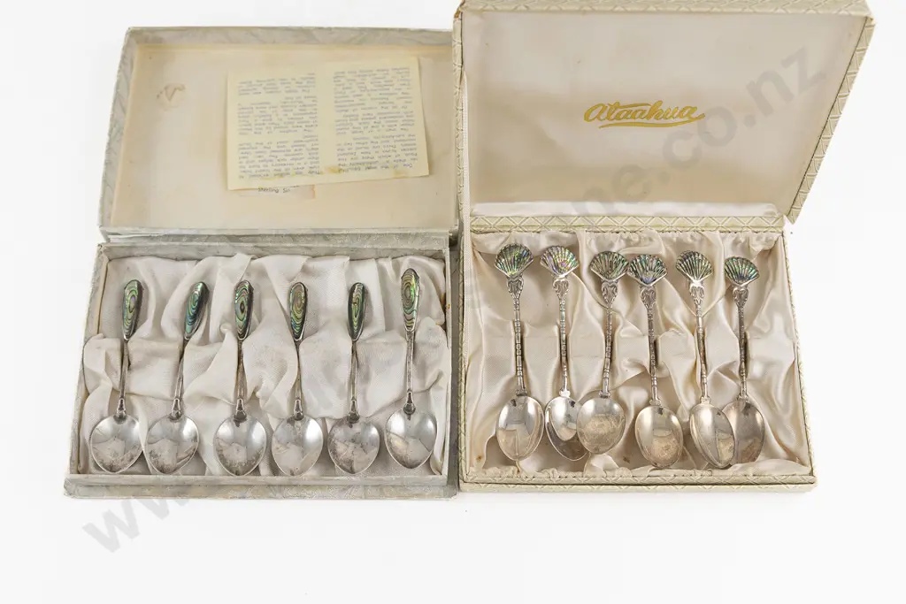 2 Boxed Sets Of 6 NZ S/S & Paua Shell Coffee Spoons Image 1++