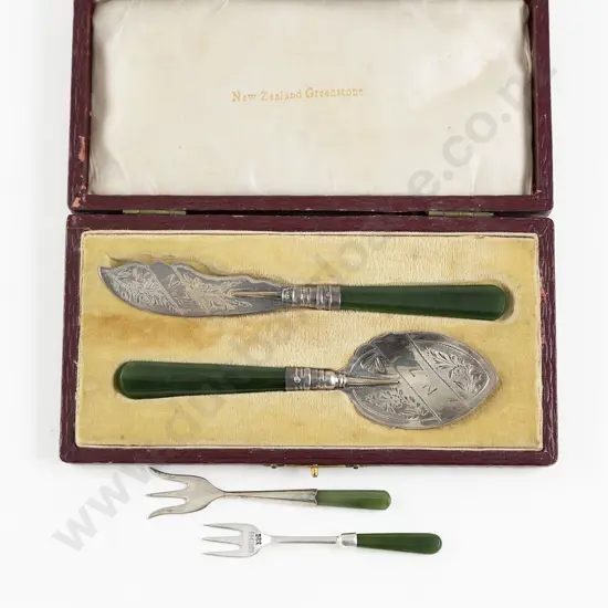 Cased NZ S/S & Greenstone Jam Spoon & Butter Knife