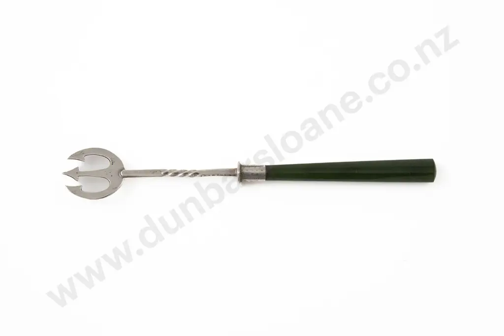 NZ Made Miniature S/S & Greenstone Handled Pickle Fork Image 1++