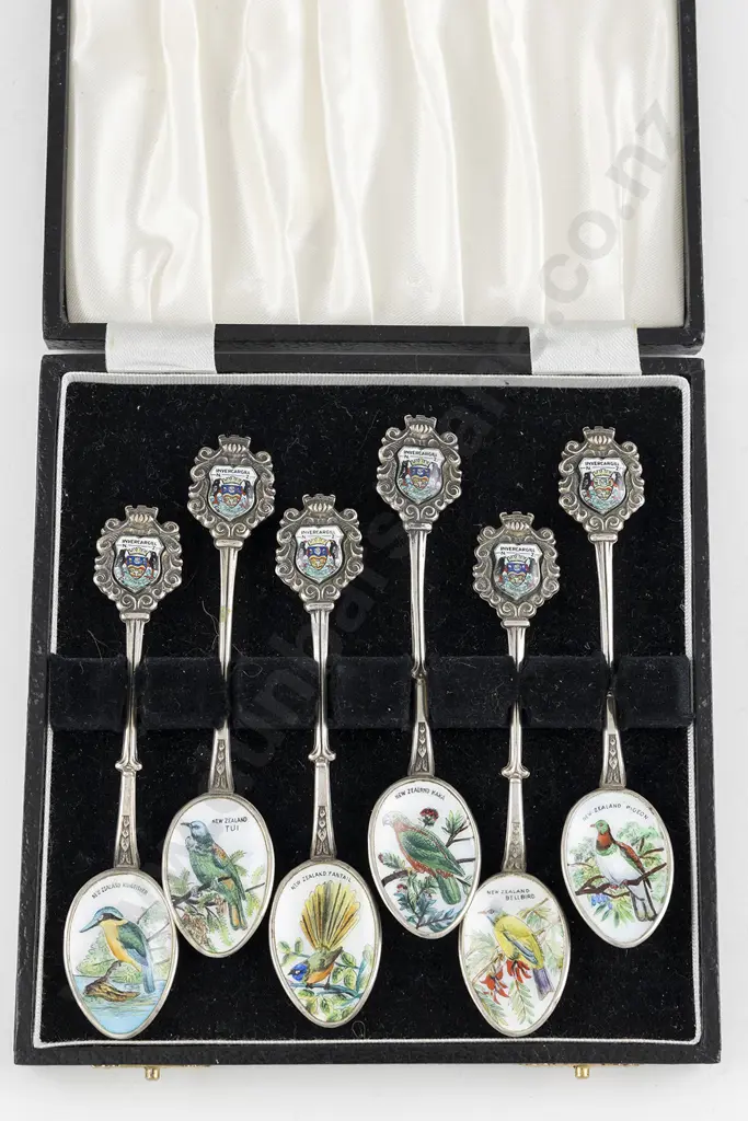 Boxed Set Six NZ S/S & Enamel Souvenir Spoons Image 1++