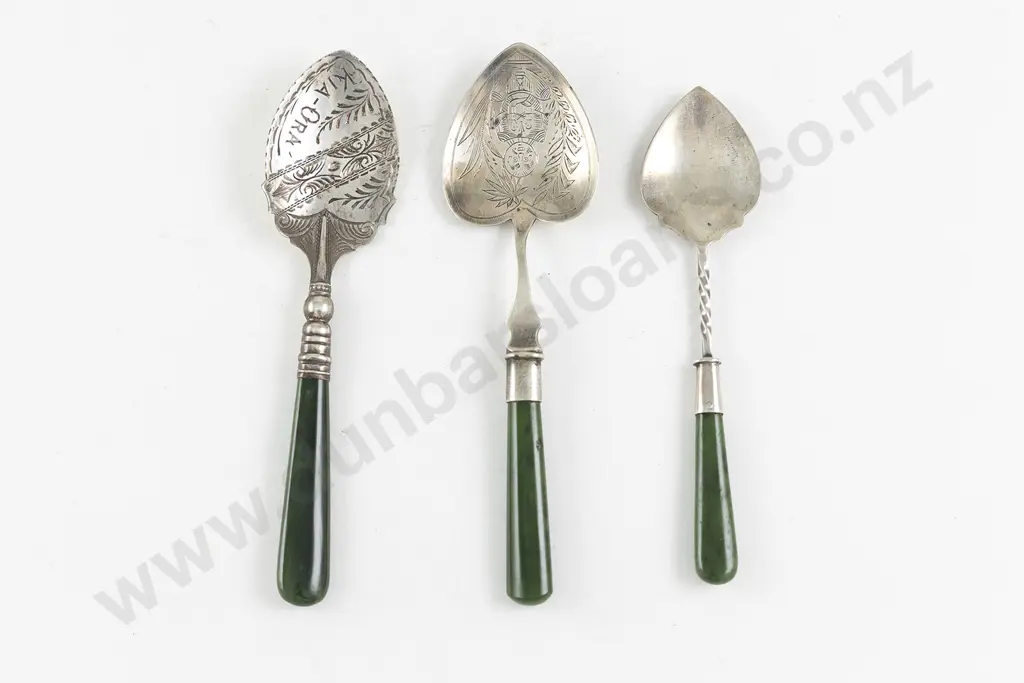 3 NZ S/S & Greenstone Handled Jam Spoons Image 1++