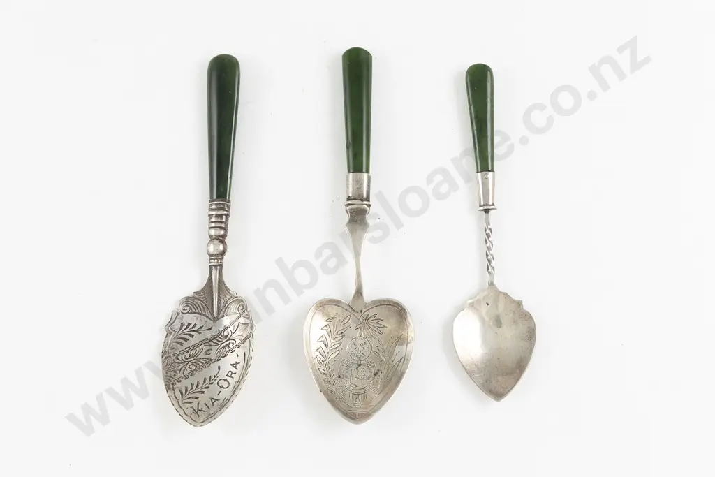 3 NZ S/S & Greenstone Handled Jam Spoons Image 1++