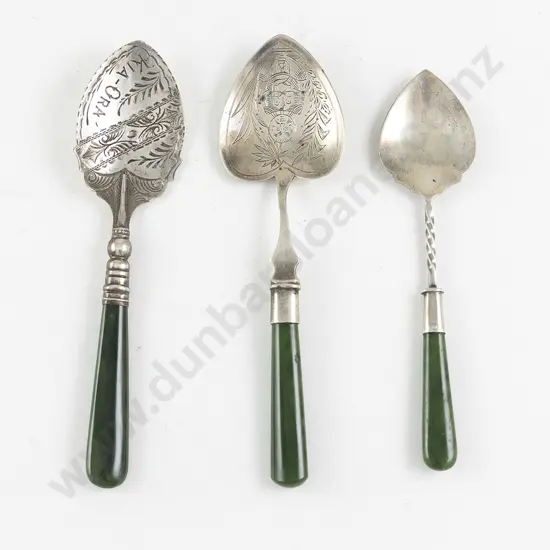 3 NZ S/S & Greenstone Handled Jam Spoons