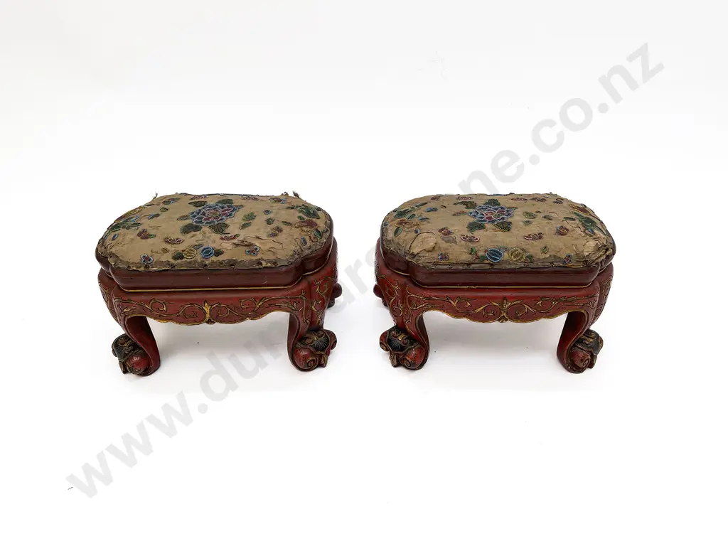 A Pair Of Early 20th Century Red Lacquer Chinese Stools Image 1++