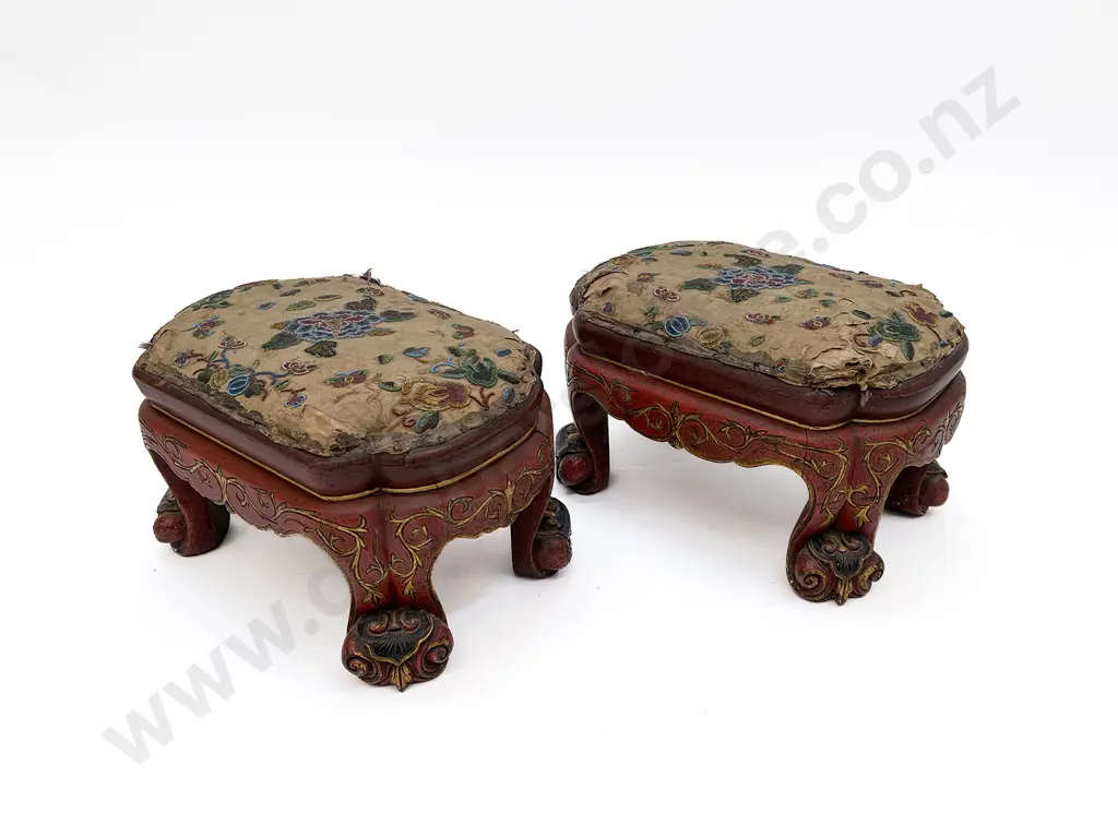 A Pair Of Early 20th Century Red Lacquer Chinese Stools Image 1++