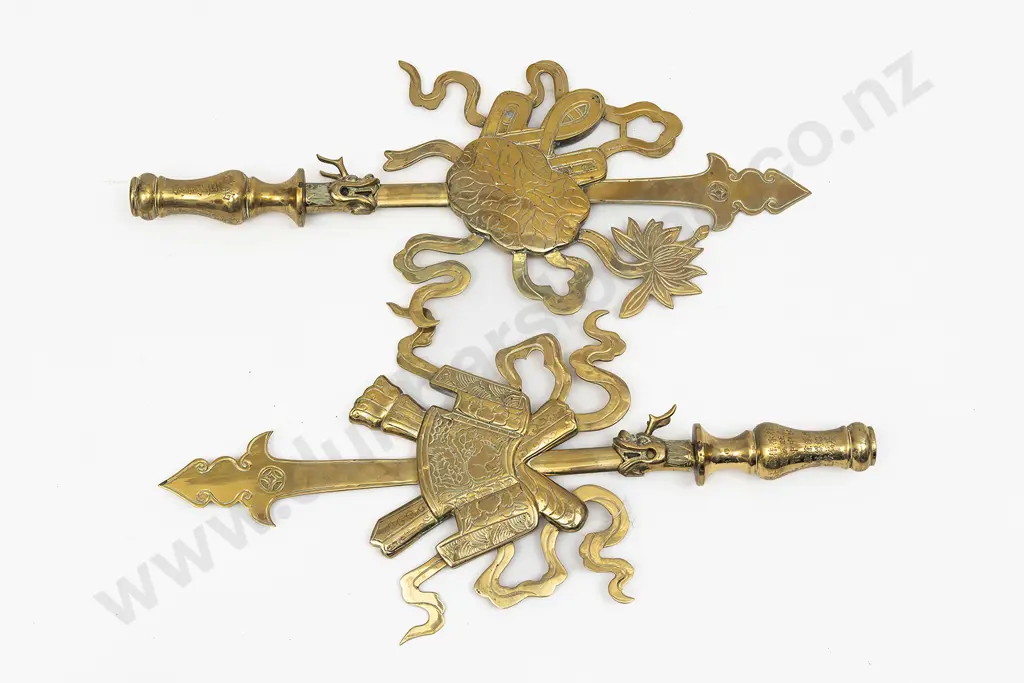 A Pair of Decorative Chinese Brass Wall Mounted Ceremonial Swords Image 1++