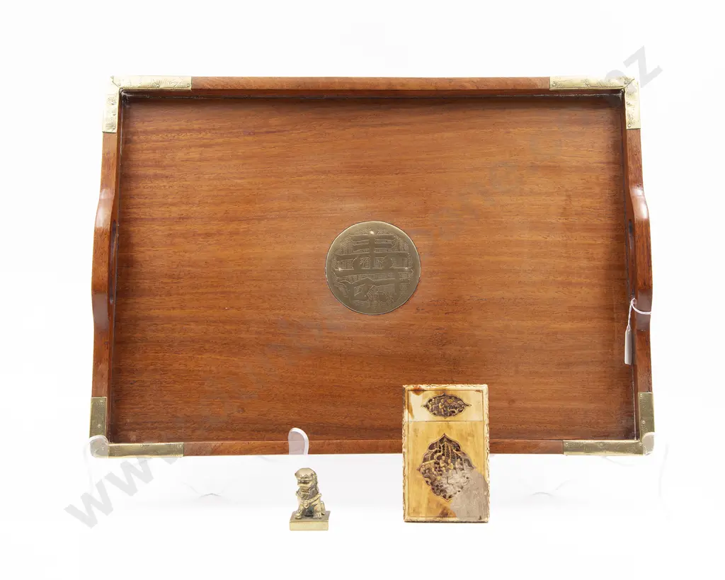 A Chinese Hardwood Tray And Brass Lion Dog Seal Image 1++