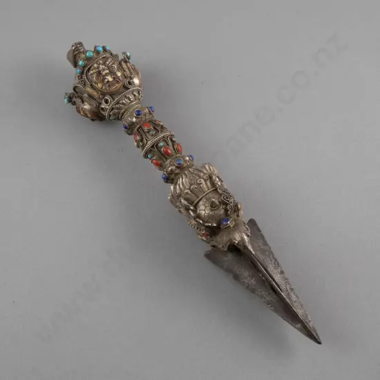 A Fine Tibetan Or Mongolian 19th Century Silver And Metal Phurba (Ritual Dagger)