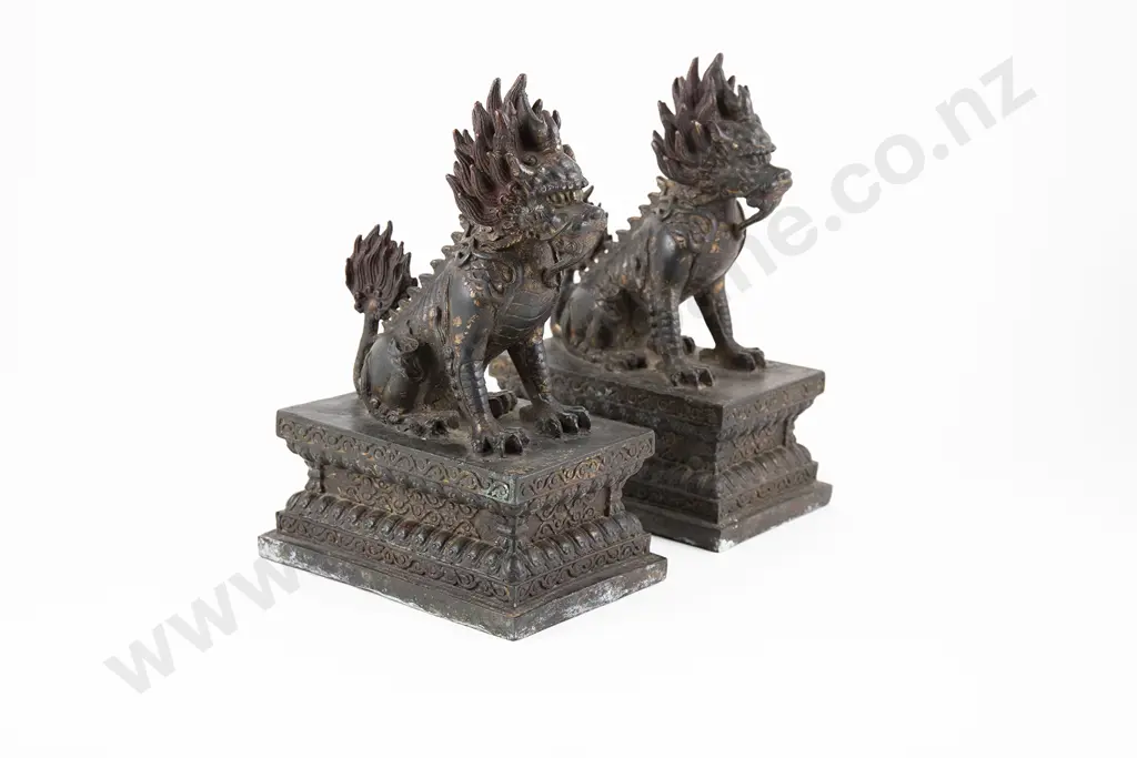 A Rare Pair Of 19th Century Tibetan Buddhist Bronzed Lion Dogs Image 1++