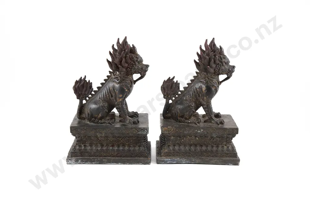 A Rare Pair Of 19th Century Tibetan Buddhist Bronzed Lion Dogs Image 1++